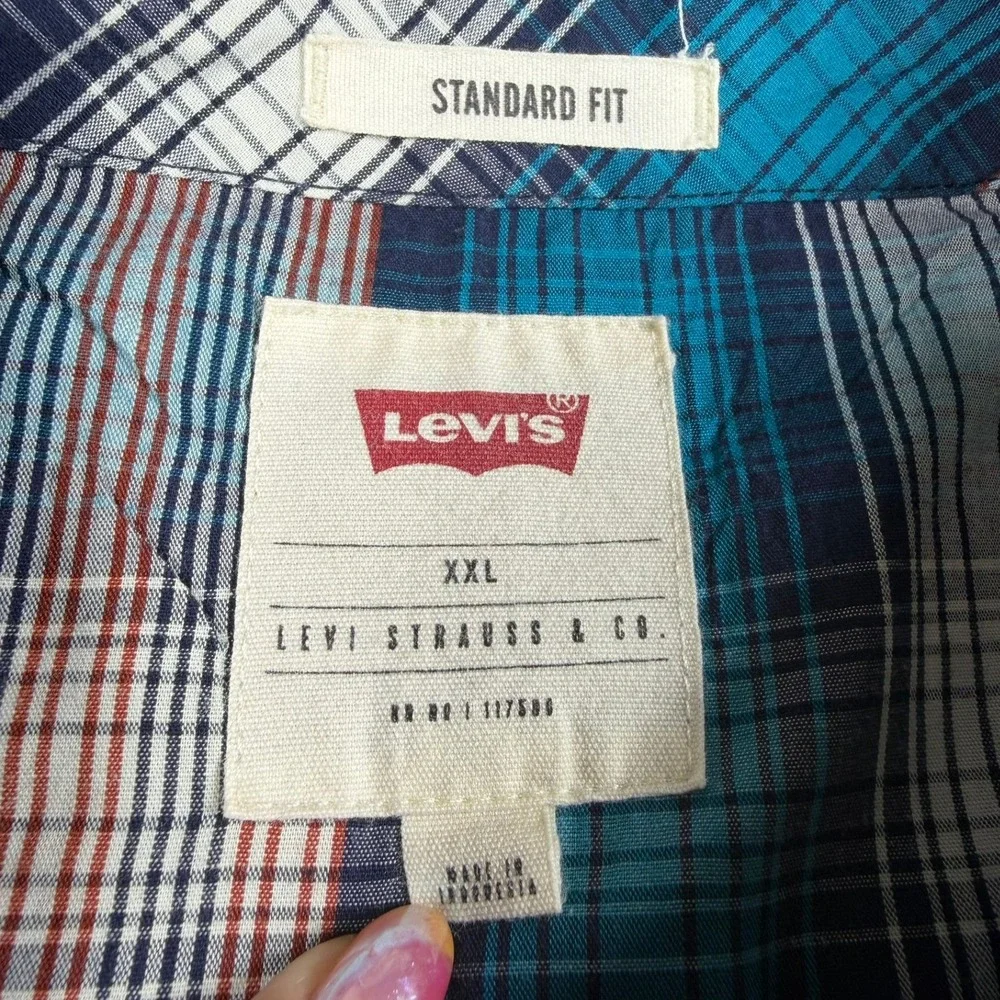 Levis Mens XXL Western Plaid Snap Button Down Shirt Teal Blue 3LYLW0172
